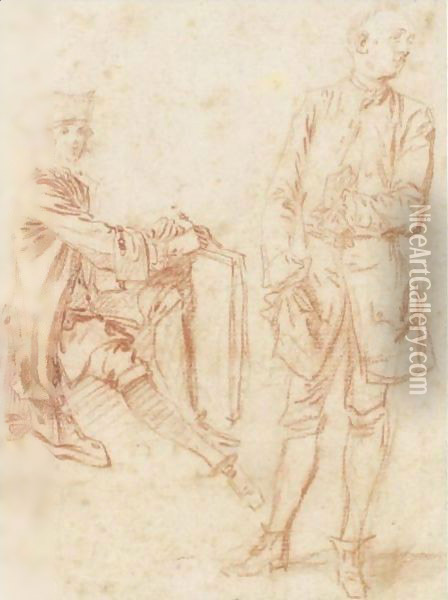 Two Figures A Draughtsman Seated Holding A Portfolio, Another Standing With His Hand In His Pocket Oil Painting - Jean-Antoine Watteau