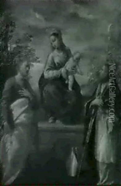 Madonna Col Bambino E San Pietro E Un Santo Vescovo Oil Painting -  Scarsellino