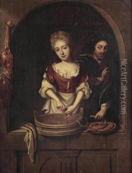 A Maid Preparing Sausages With A Young Man Oil Painting - Regnier de La Haye
