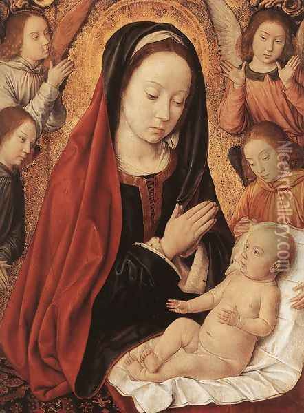 Madonna and Child Adored by Angels c. 1490 Oil Painting - Master of Moulins (Jean Hey)