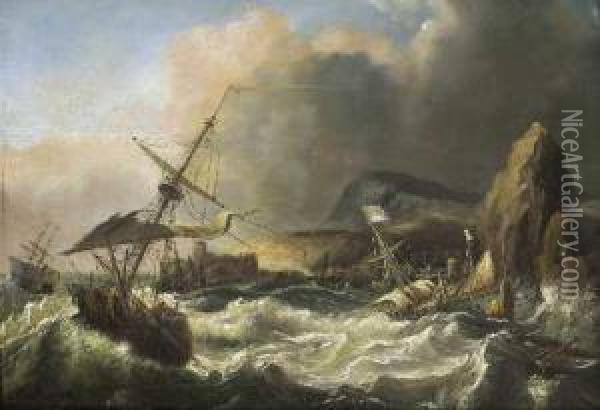Segelschiffe Vor Sturmischer Meereskuste. Oil Painting - Nicolaas Riegen