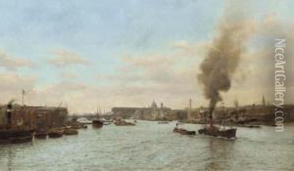 Below London Bridge, Looking Upstream, Old Billingsgate Fish Marketon The Right Oil Painting - F.A. Winkfield