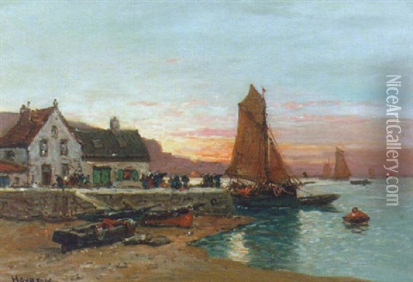 Fishing Village At Dusk Oil Painting - Henri Houben
