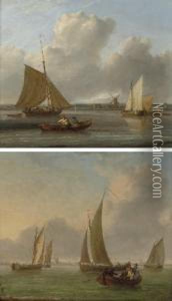 Traffic On The Thames, Down 
River From Greenwich Hospital; And Barges On The Thames, With A 
Passenger Ferry Heading For The Foreshore Oil Painting - William Anderson