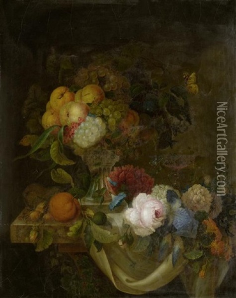 Fruchtestillleben Mit Blumendekor Oil Painting - Johann Georg Danner