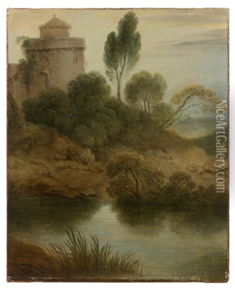 Paysage Au Lac Et A La Tour Oil Painting - Jean-Baptiste Pater