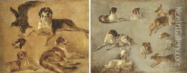 Study Of Four Dogs And An Eagle; And Study Of Seven Dogs A Hare And A Goat Oil Painting - Louis Auguste Brun De Versoix