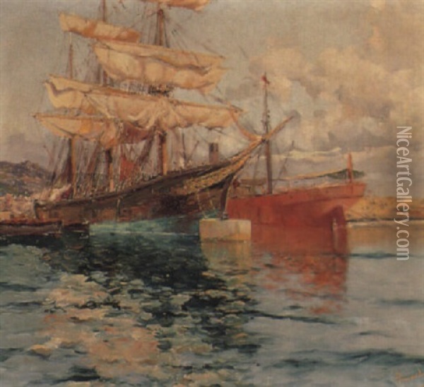 Havneparti Med Skibe Oil Painting - Francisco Hernandez Monjo