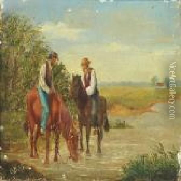 Two Men On Horseback Talking Oil Painting - Otto Bache