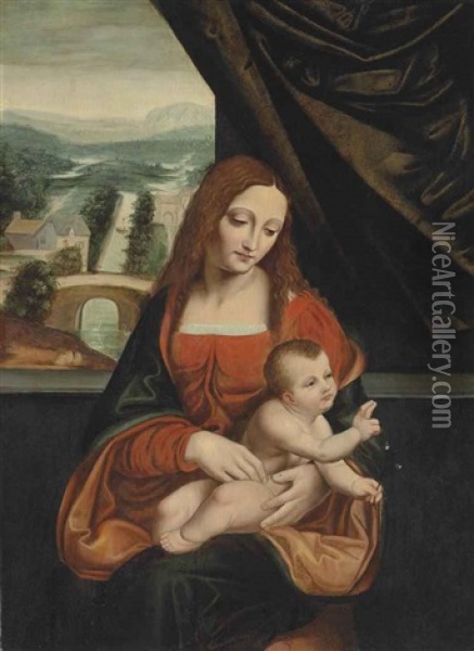Madonna And Child Before A Draped Curtain, A Landscape Beyond Oil Painting - Marco d' Oggiono