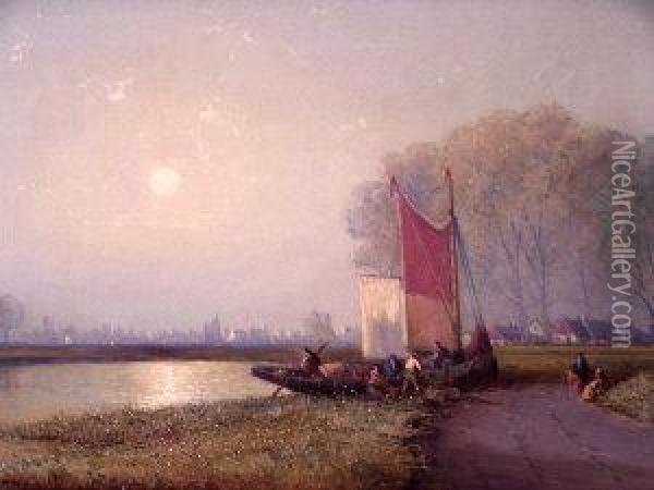 Figures With A Sailing Barge On The Shores Of A River With A Town In The Distance Oil Painting - George G. Fryer
