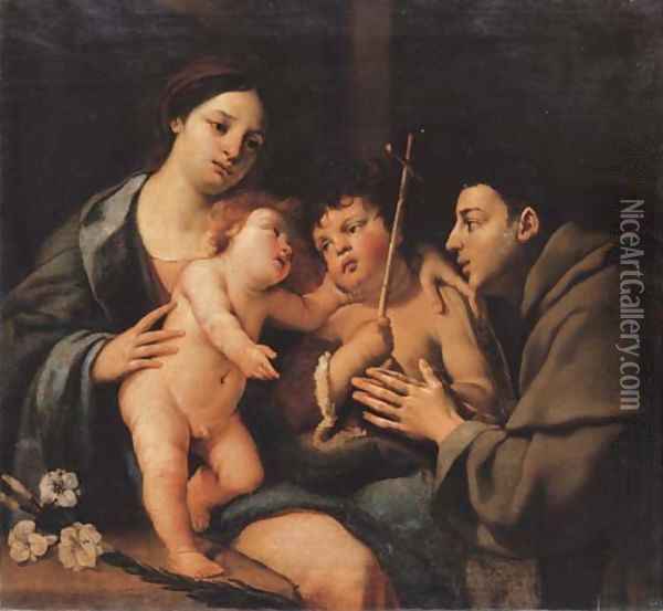 The Madonna and Child with the Infant Saint John the Baptist and a Franciscan Monk Oil Painting - Emilian School