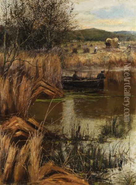 Teichlandschaft Mit Bauern Bei Der Ernte Und Zwei Anglern Im Kahn Oil Painting - James Docharty
