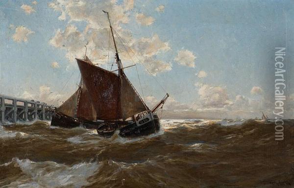 Bei Ostende. Mole Und Absegelnde Kustenboote Bei Bewegter See Oil Painting - Gunter
