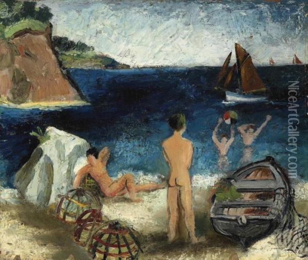 Bathers By The Sea, Treboul Oil Painting - Christopher Wood