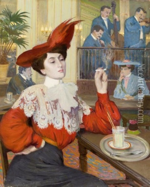 Elegante Au Cafe Oil Painting - Gustave Poetzsch
