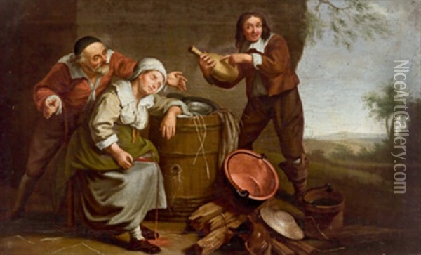 Eine Trunkene Frau Und Zwei Manner Bei Einem Weinfass Oil Painting - Francesco Londonio