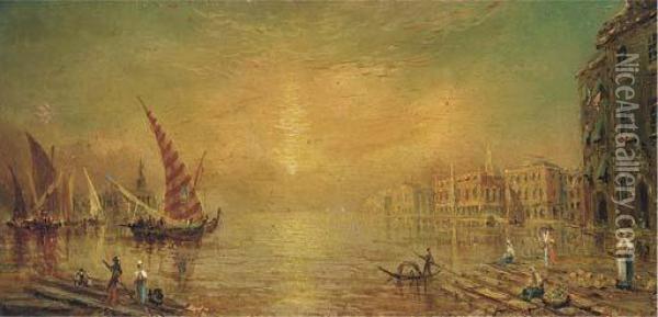 View Over The Venetian Lagoon Oil Painting - William Adolphu Knell