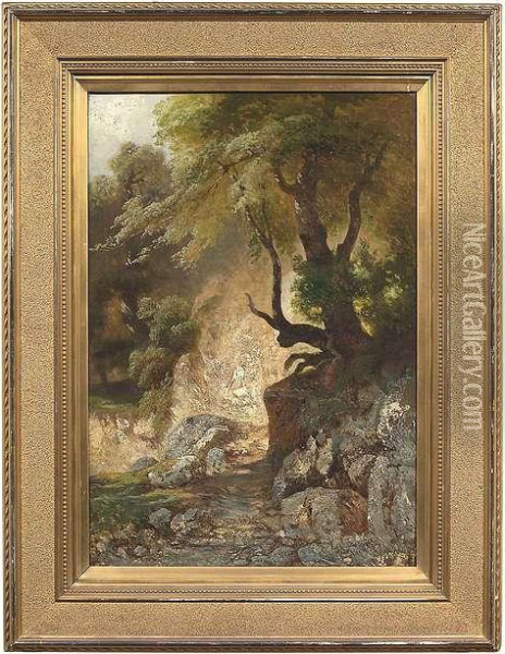 Rocky Landscape With Trees. Oil/canvas, Rest Of A Signature And Dated, Verso Inscribed 'oil Sketch For Mathilde Grunenwald' Oil Painting - Johann Jan Cornelius Mali