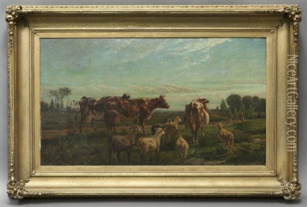 Cows Grazing In The Field Oil Painting - Henry Collins Bispham