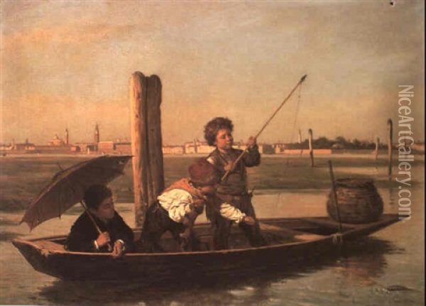 Young Anglers, Venice Oil Painting - Antonio Ermolao Paoletti