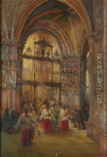 Monaguillos Entrando En La Iglesia Oil Painting - Emilio Poy Dalmau