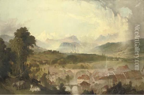 View Of Berne With The Aar River And The Nydegg Bridge Oil Painting - James Astbury Hammersley