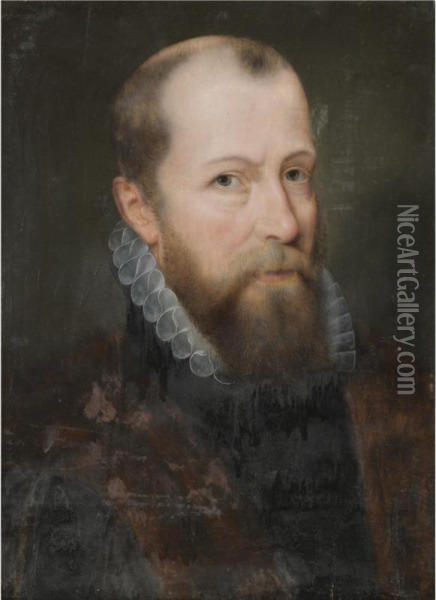 Portrait Of A Bearded Gentleman, Head And Shoulders, Wearing A Fur-lined Cloak And A White Embroidered Collar Oil Painting - Adriaen Thomasz I Key