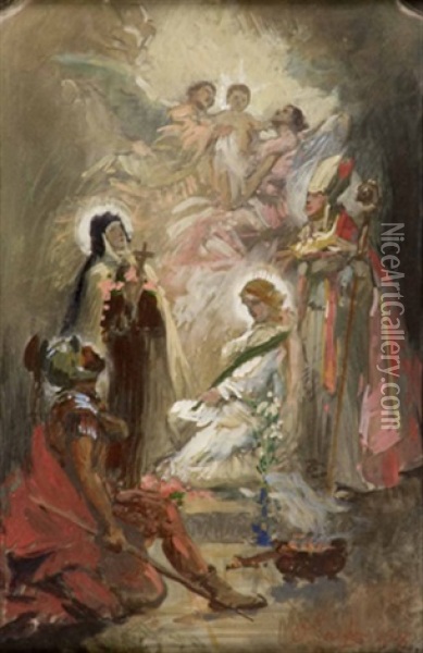 Hl.therese Von Lisieux Und Drei Weitere Heilige Verehren Das Jesuskind Oil Painting - Horazio Gaigher