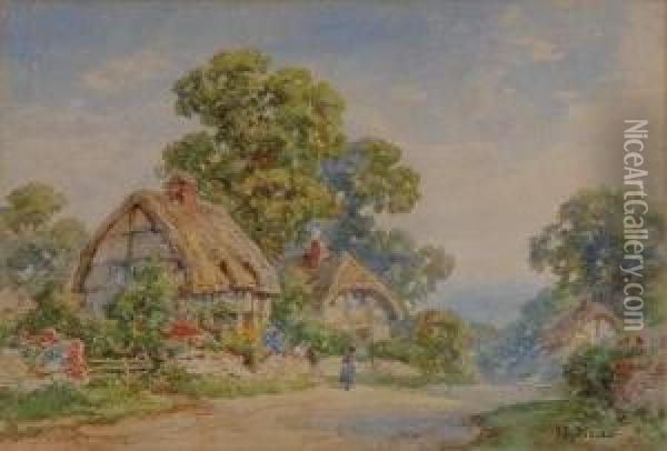Thatched Cottages And Figures Talking Over The Garden Gate Oil Painting - H. Mills
