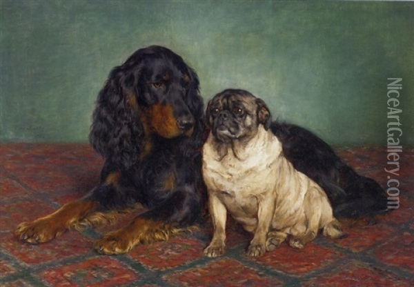 A Gordon Setter And A Pug Oil Painting - Otto Bache