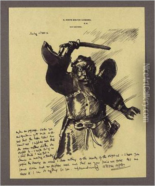 An Illustrated Letter To Mrs St George Depicting A Bearded Warrior Oil Painting - Sir William Newenham Montague Orpen