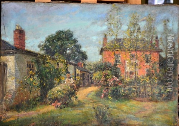 A Summer Garden With Grecian House And Gardener Pushing A Laden Wheelbarrow Oil Painting - Mark William Fisher