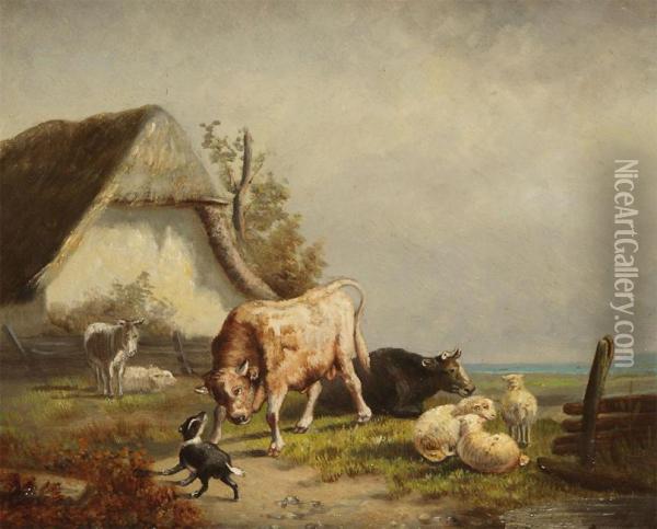 Bull Fighting A Dog Oil Painting - Henri De Beul