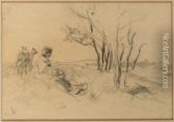A Seated Shepherd; Sheep Grazing Beneath Trees, Two Oil Painting - Anton Mauve