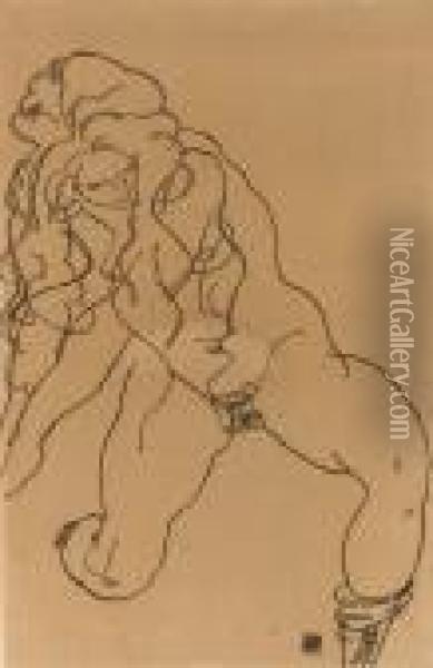 Kneeling Nude Girl Oil Painting - Egon Schiele