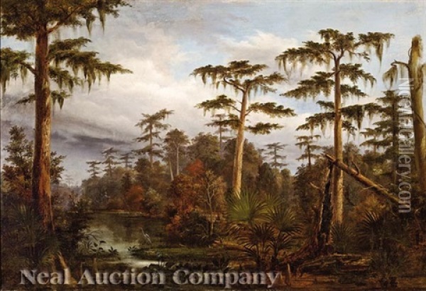 Louisiana Bayou Landscape With Alligator Oil Painting - Francois Bernard