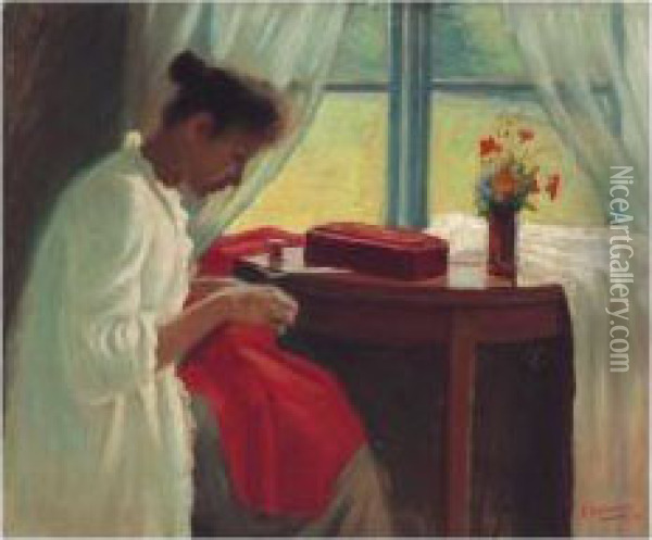 Ompelija (sewing By The Window) Oil Painting - Elin Danielson-Gambogi