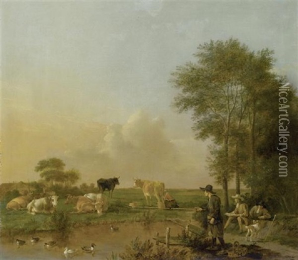 Flusslandschaft Mit Kuhen, Einem Angler Und Einem Zeichner Oil Painting - Albert Jansz Klomp