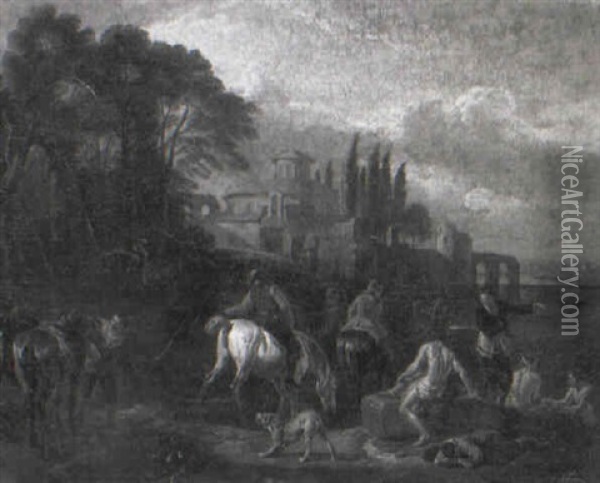 Horsemen And Bathers By A River, A Church And Classical Ruins Beyond Oil Painting - Pieter van Bloemen