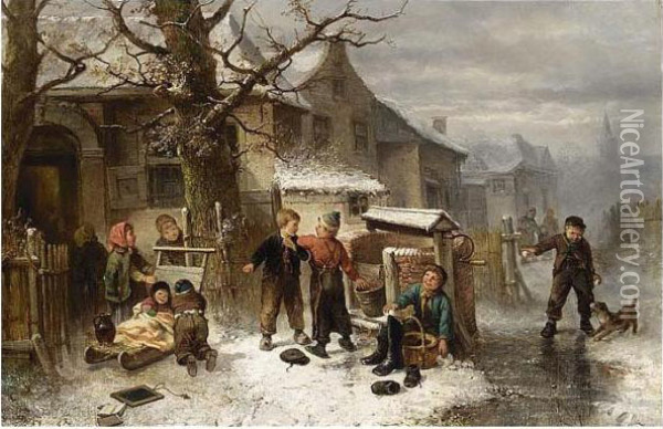 Children Playing In The Snow Oil Painting - Jan Mari Henri Ten Kate