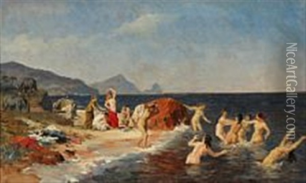 The Princess Of Lycia Bathes With Her Maidens At The Sicilian Coast Oil Painting - Otto Bache