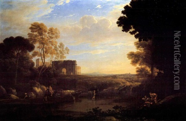 Italianate Landscape At Sunset With Herdsmen Driving A Flock Oil Painting - Claude Lorrain