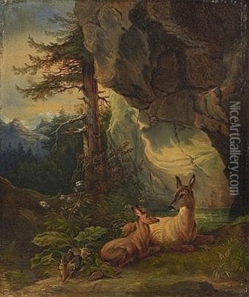Reh An Der Quelle - Ricke Mit Kitz Vor Einer Felswand Oil Painting - Friedrich Gauermann