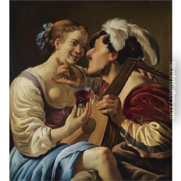 A Luteplayer Carousing With A Young Woman Holding A Roemer Oil Painting - Hendrick Ter Brugghen