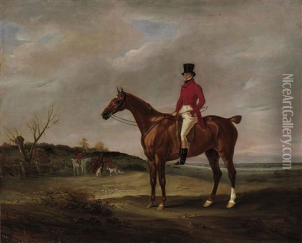 Colonel Standen On His Chestnut Hunter With The Quorn Huntsmen And Hounds At A Covert Oil Painting - John E. Ferneley