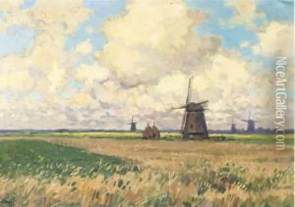 Windmills In A Polder Landscape Oil Painting - Bernard, Ben Viegers
