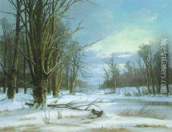 Winterlandschaft Mit Wald Und Bachlauf Im Schnee Oil Painting - Alexander Schmidt