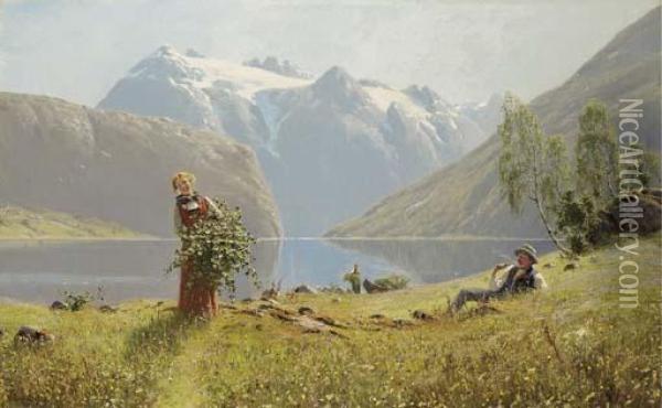 A Summer Day By The Fjord Oil Painting - Hans Dahl