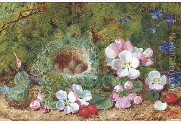 Apple blossom, berries and a bird's nest with eggs on a mossy bank Oil Painting - George Clare